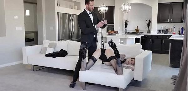  Stranger ties Rocky Emerson up and paddles her on the couch getting her pussy dripping wet